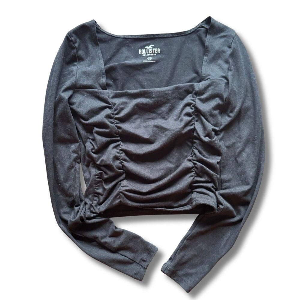 Hollister Ruched Long‑Sleeve Crop Top - Black, XS